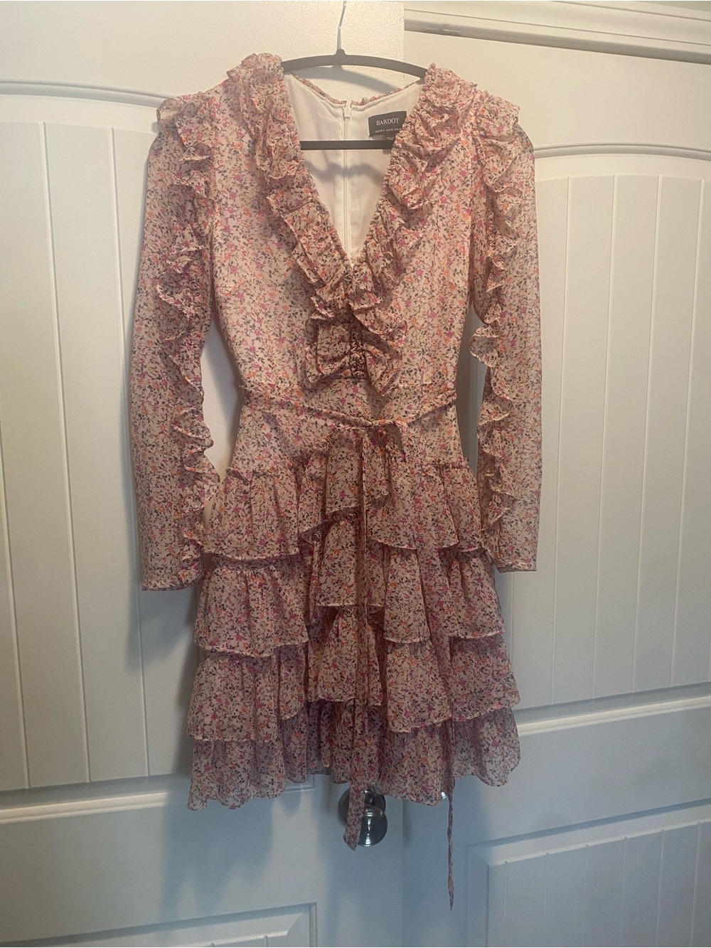 Bardot Pink Floral Triple Long Sleeve Ruffle Mini Dress with belt Size 4/XS